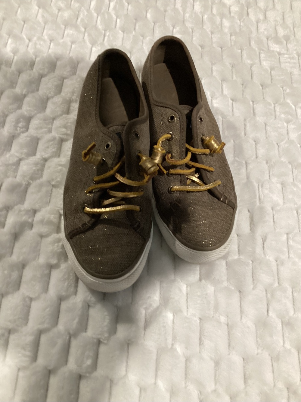 Sperry Brown Glitter Slip-On Sneakers with Gold Accents size 7